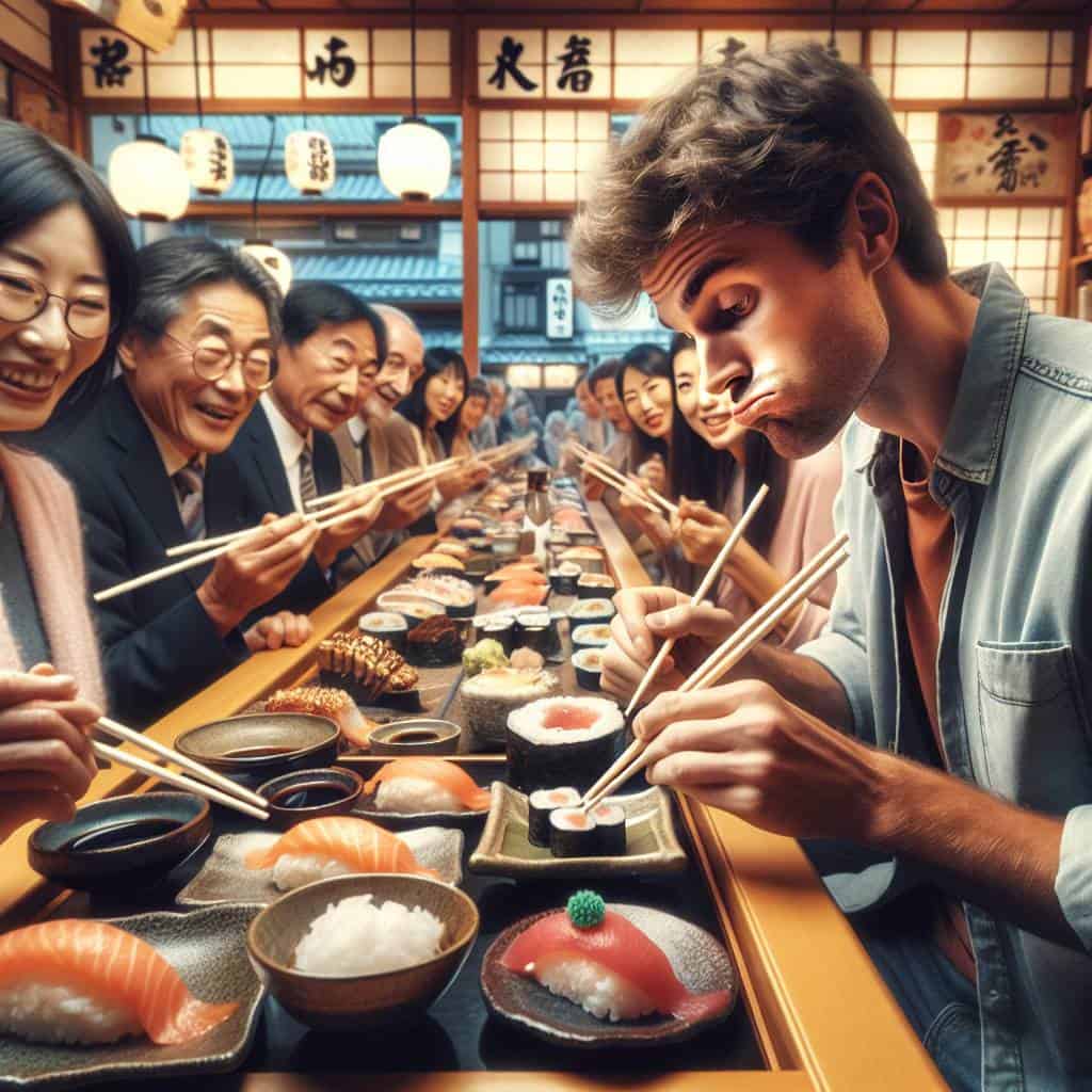 Adapting to new cultures at sushi bar.