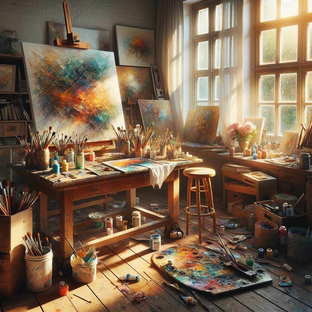 Artistic self expression in sunlit studio.