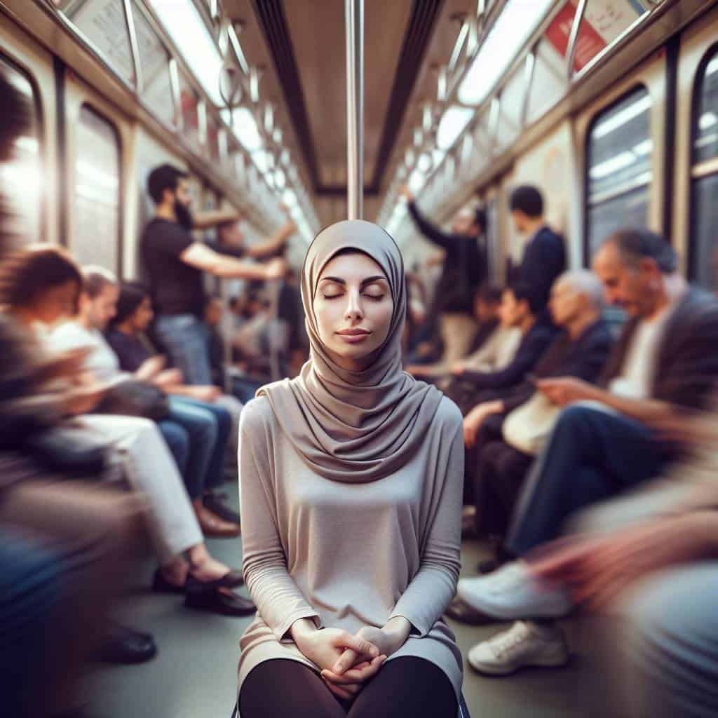 Breathing exercises for calm in subway.
