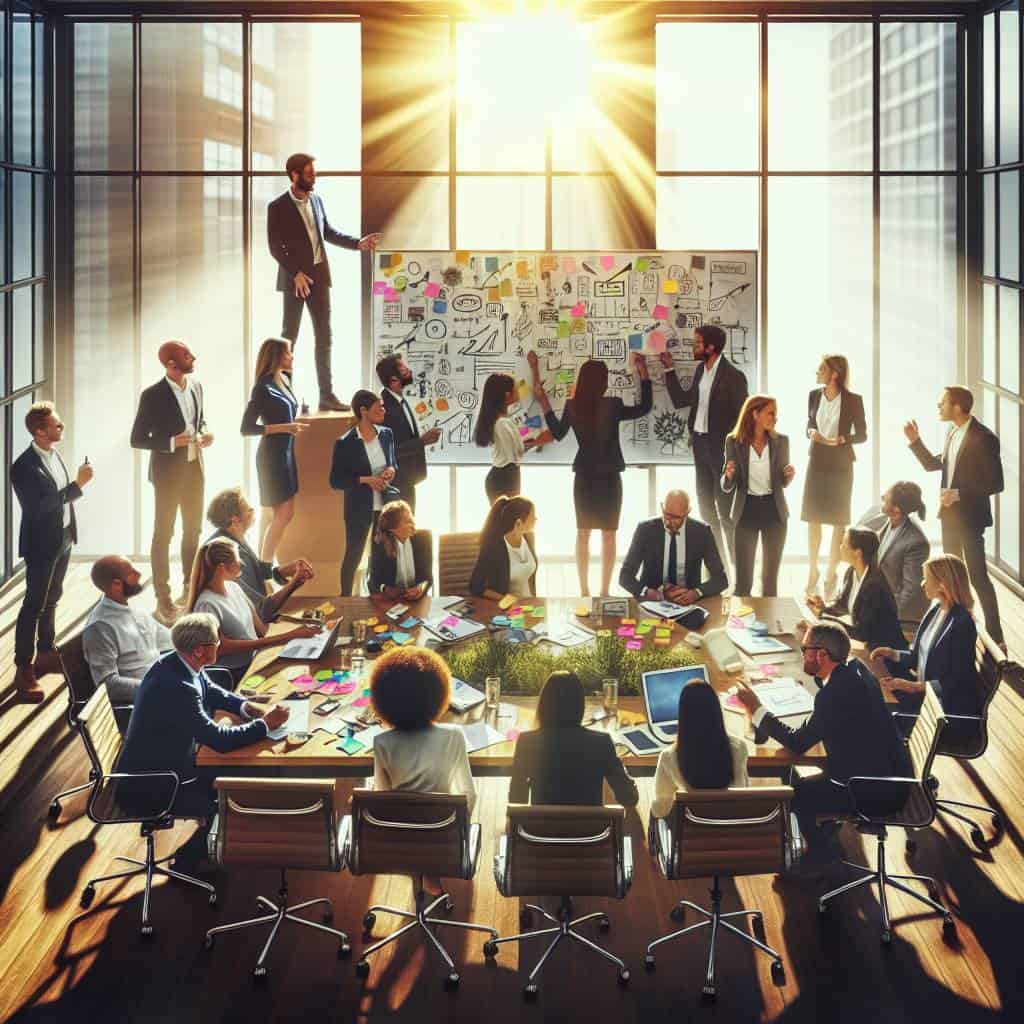 Business innovation workshops with diverse professionals.