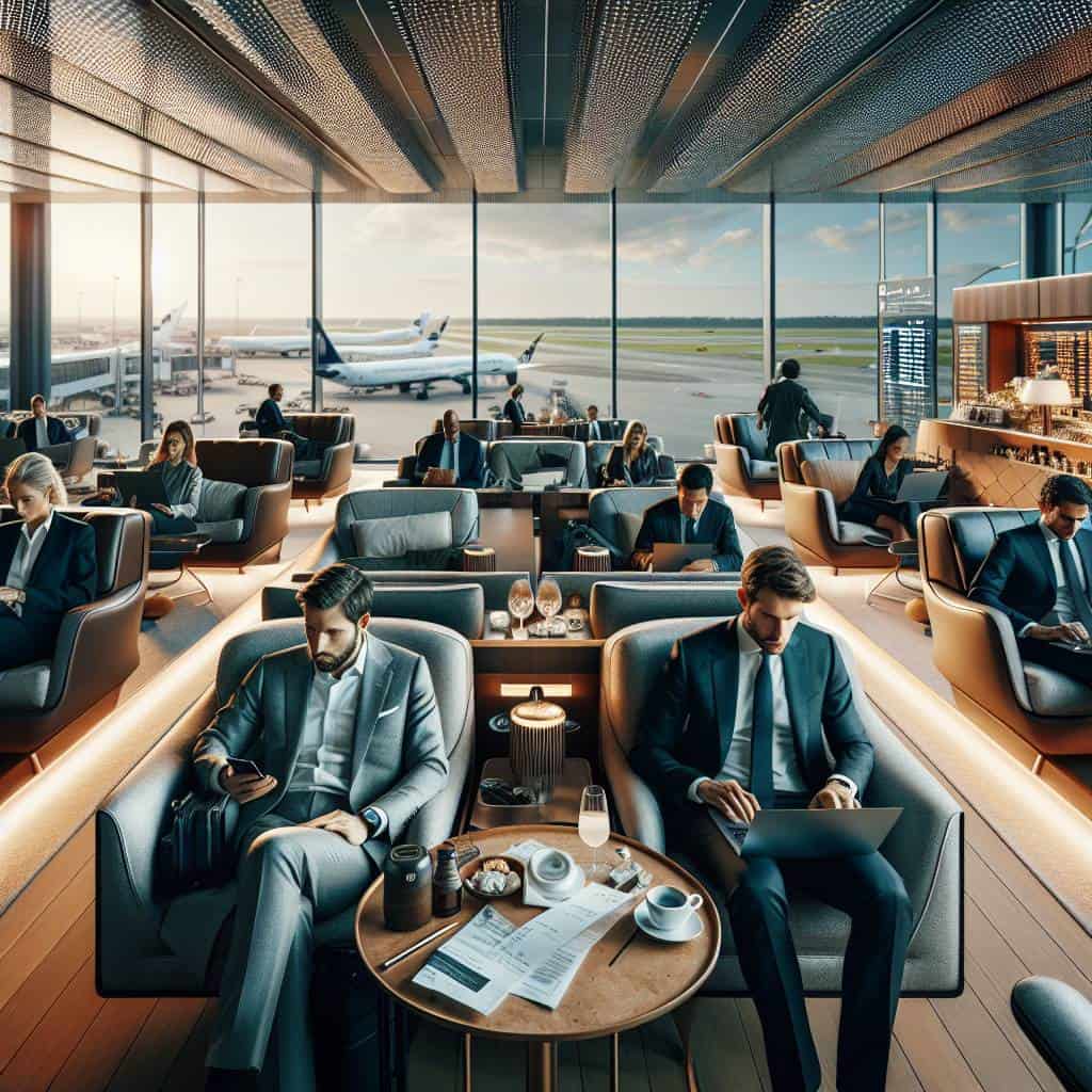 Business travel management in airport lounge.