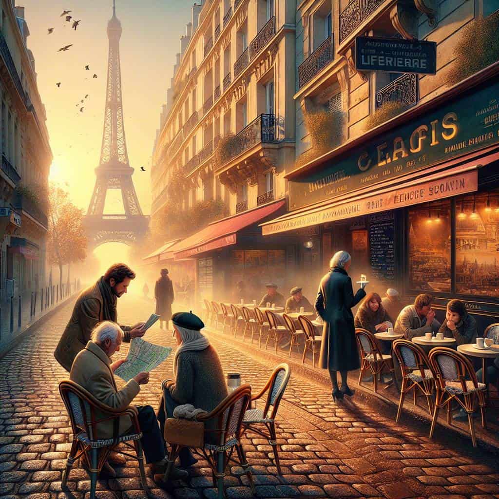 City sightseeing guides in Paris at dawn.