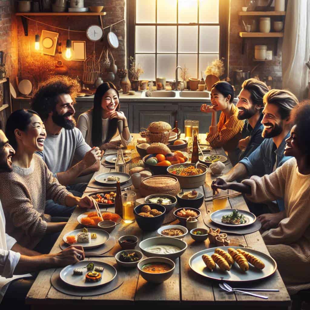 Cultural home gatherings with diverse, vibrant dishes.