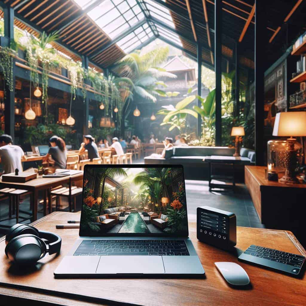 Digital nomad gear in Bali café.
