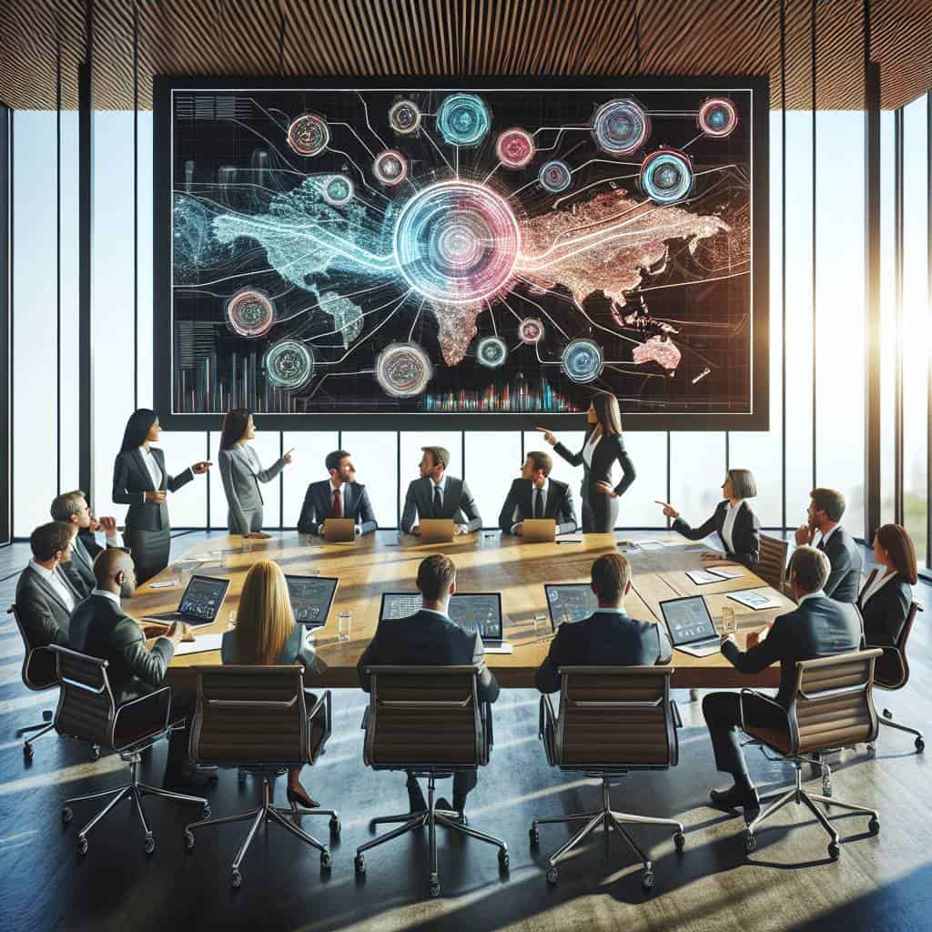Digital transformation roadmap on boardroom screen.