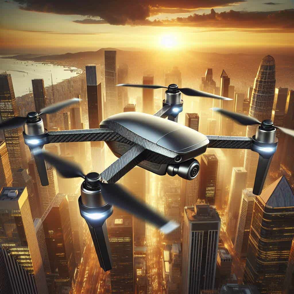 Drone technology advancements over cityscape at sunset.