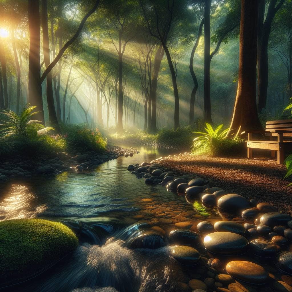 Emotional wellbeing resources in serene forest.
