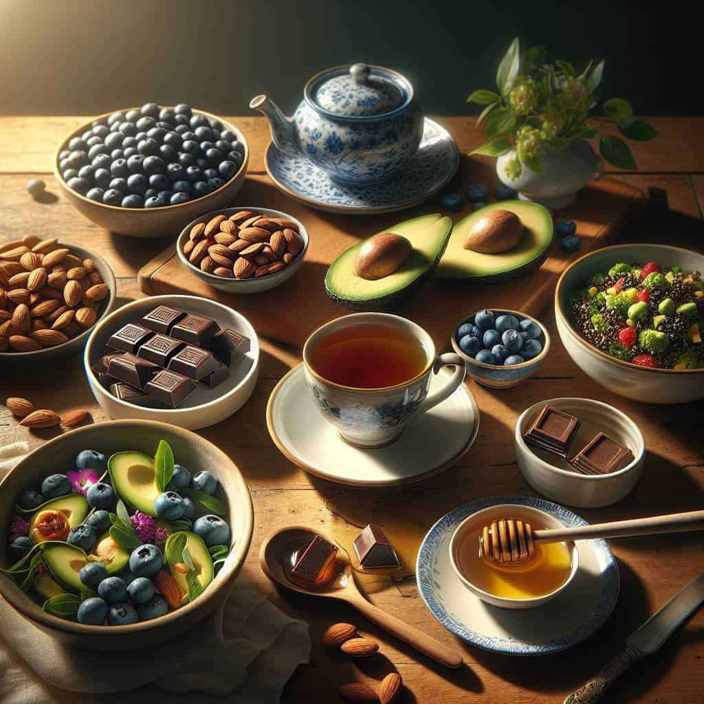 Energy boosting foods on wooden table.