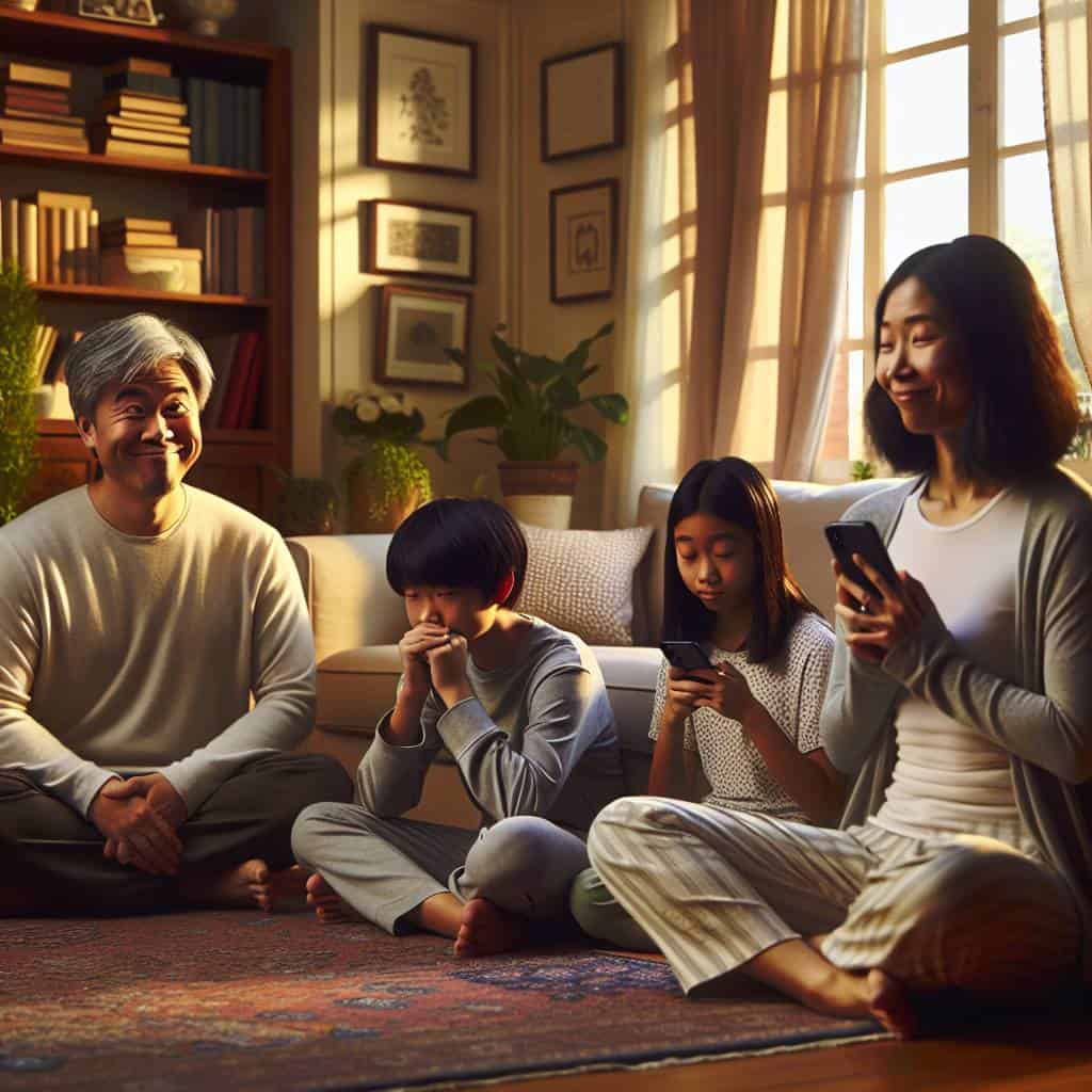 Family wellness traditions during group meditation.