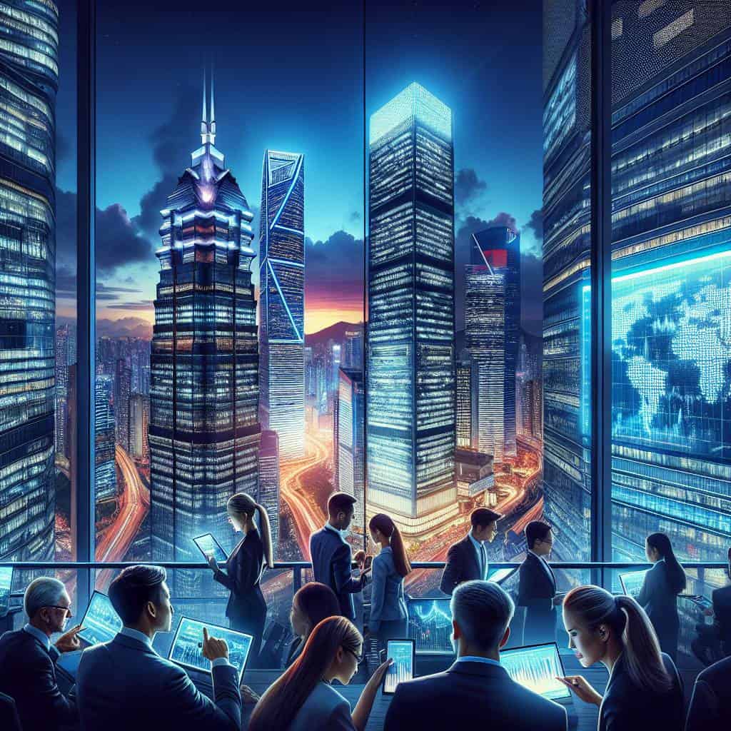 Global business trends in vibrant cityscape.