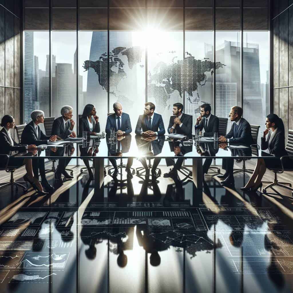 Global economic outlook corporate meeting scene.