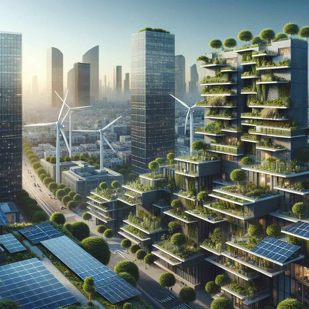 Futuristic city with green energy innovations.
