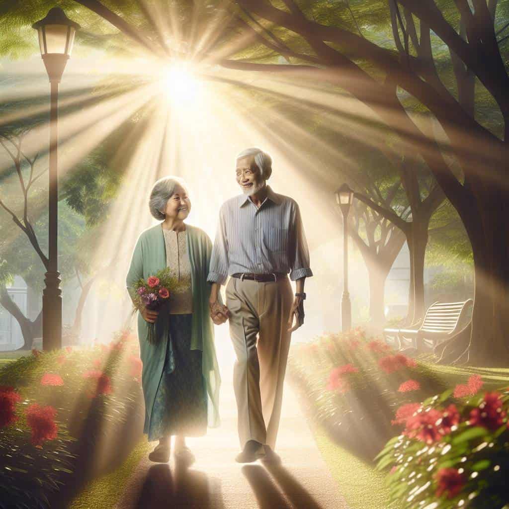 Healthy aging tips: joyful elderly couple walking.