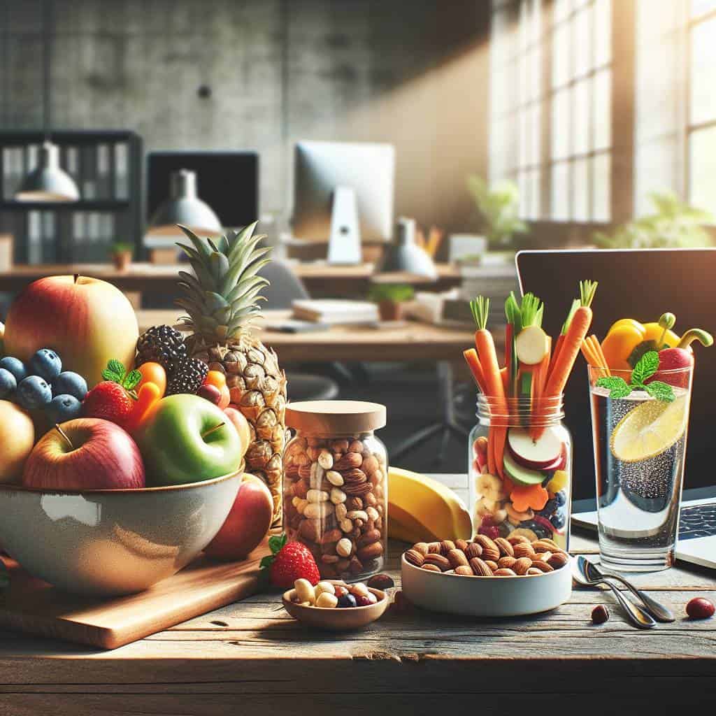 Healthy snacking at work with fruits.