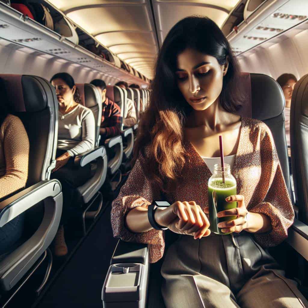 Airplane traveler practicing healthy travel routines.