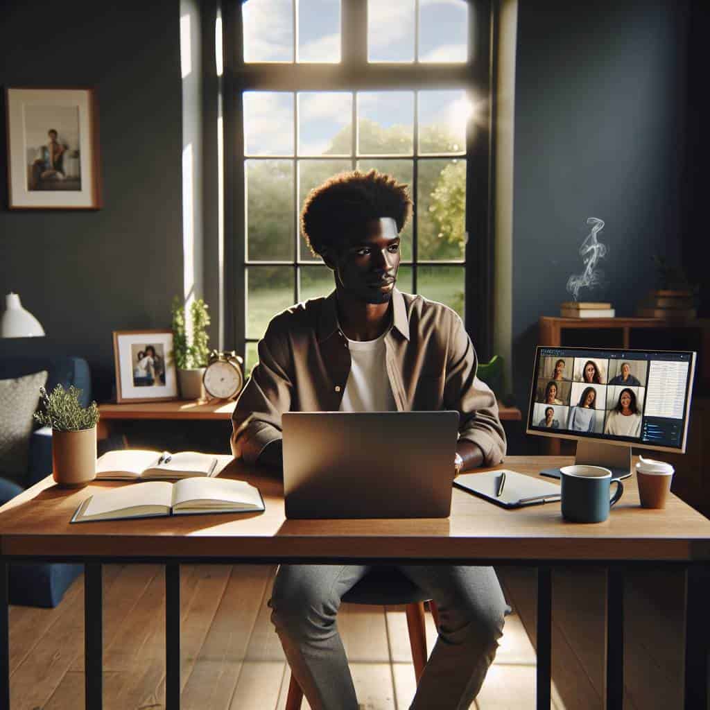 Healthy work-life boundaries, calm home office.