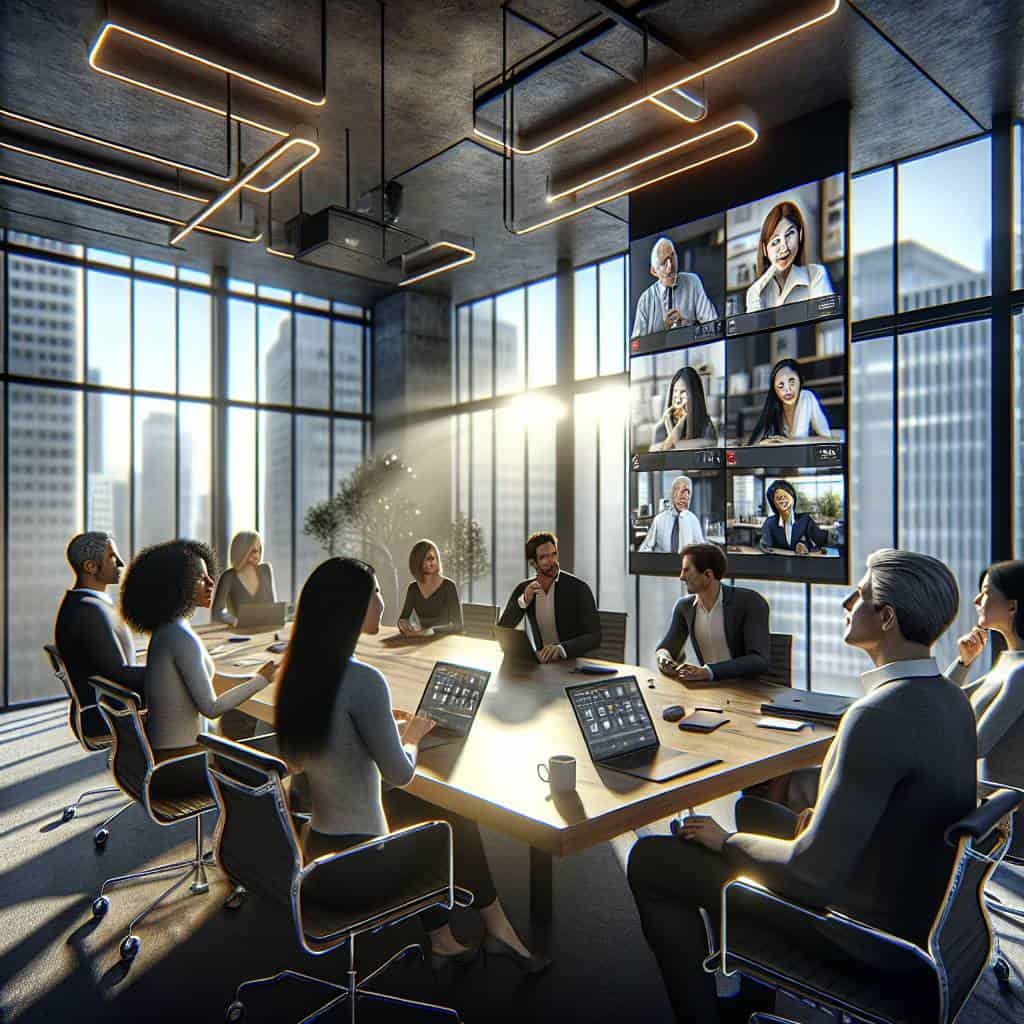 Hosting global webinars in modern conference room.