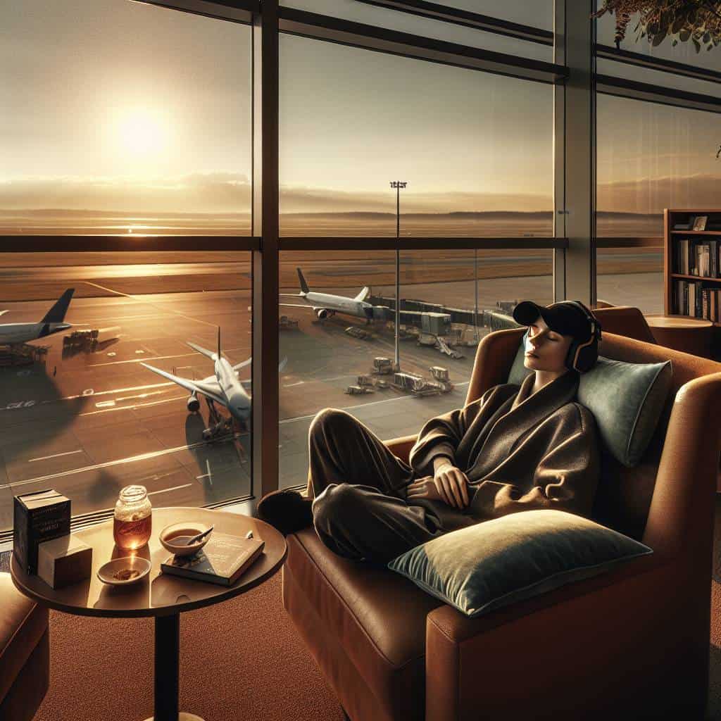 Managing jet lag with airport lounge relaxation.