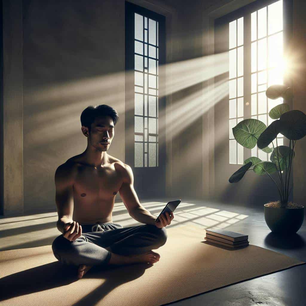 Mindful technology use during meditation session.