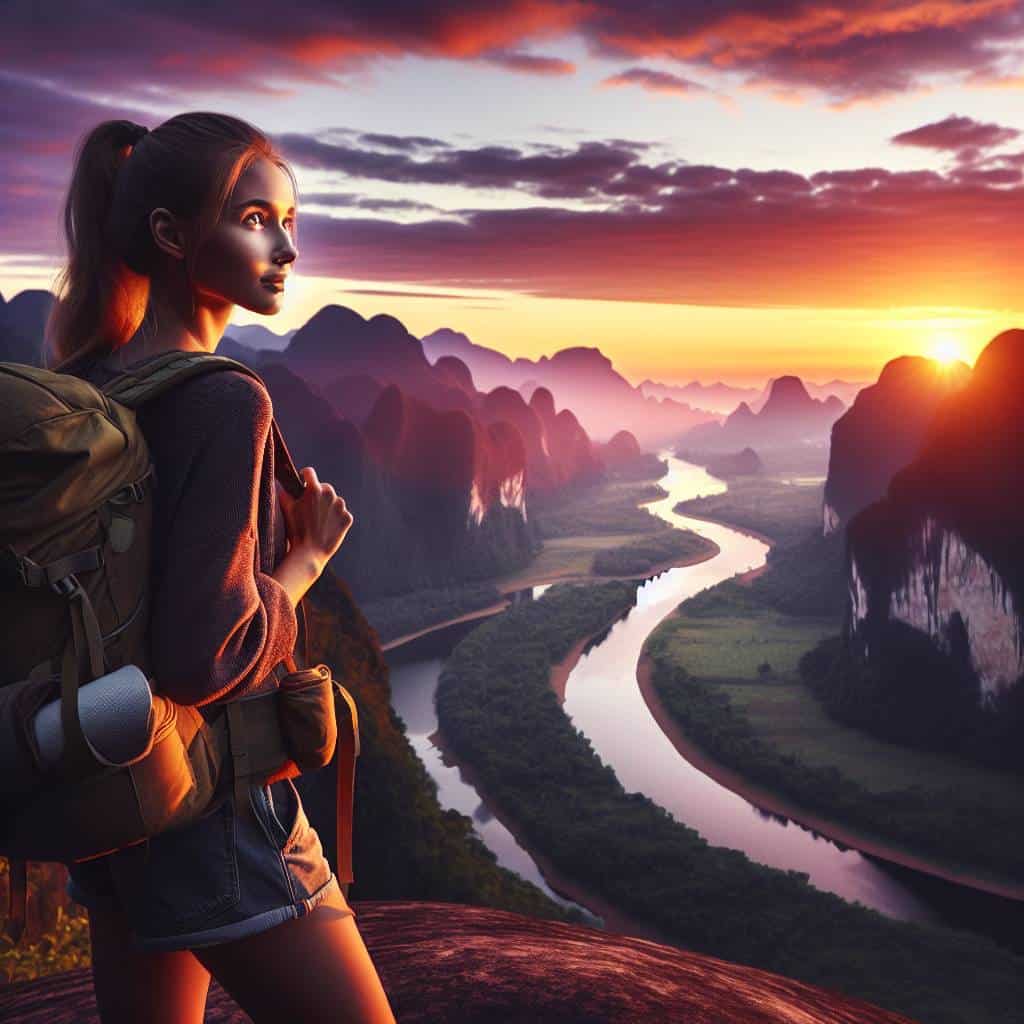 Motivational travel experiences at sunrise cliff.
