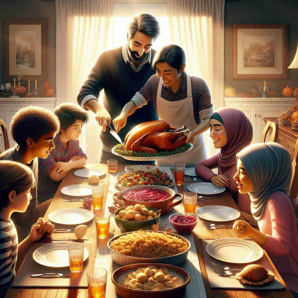 Multicultural family life at Thanksgiving dinner.