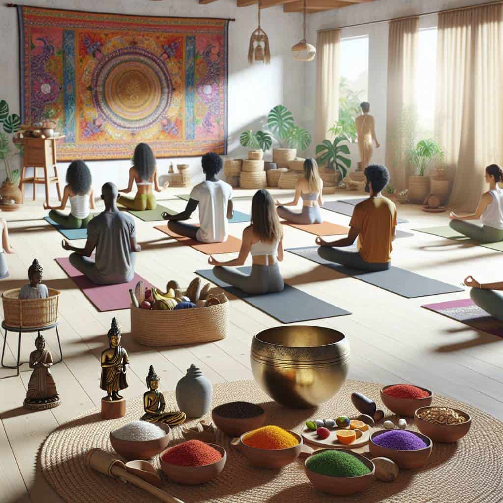 Multicultural wellness practices in yoga studio.