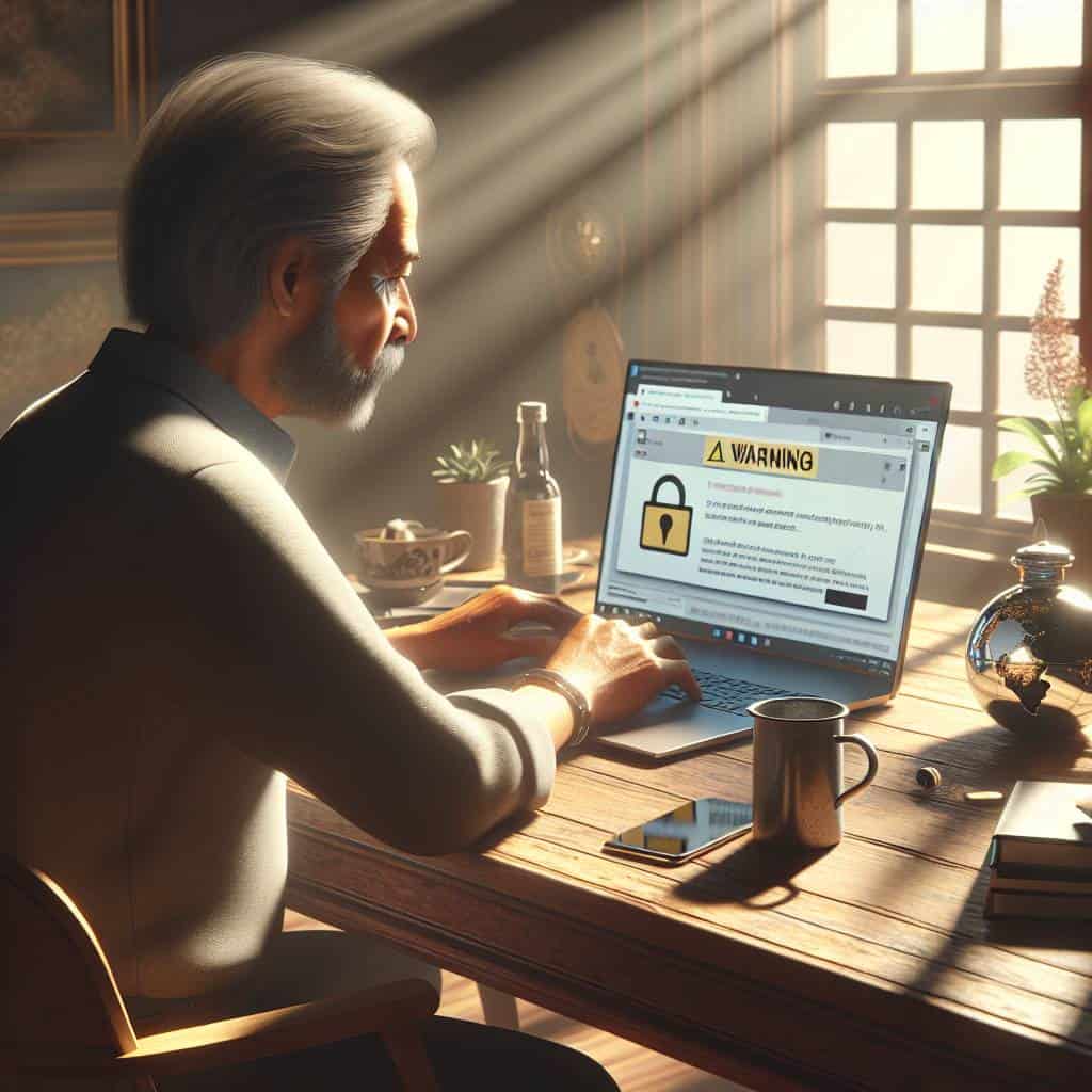 Online security awareness, focused person at laptop.