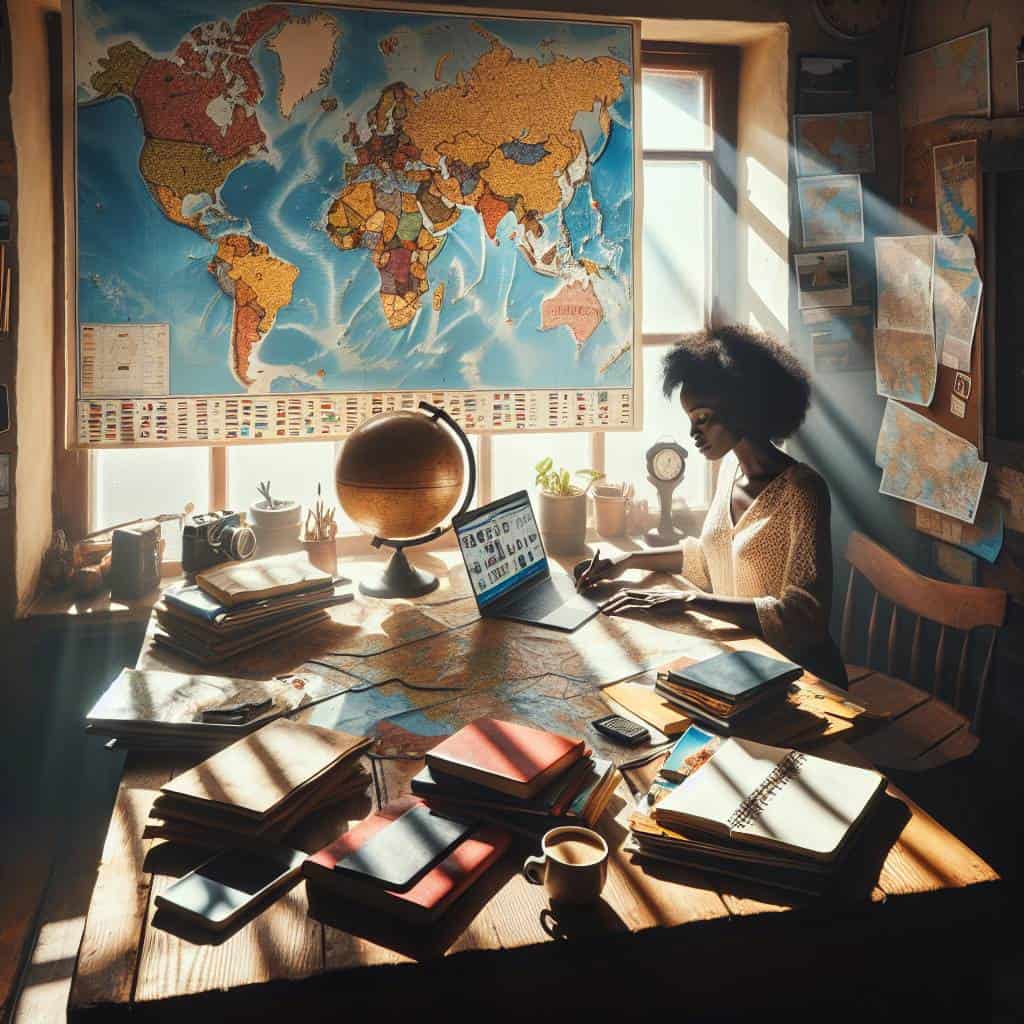 Planning long-term travel with maps and laptop