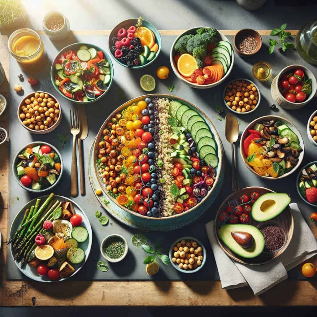 Colorful plant-based eating ideas on table.