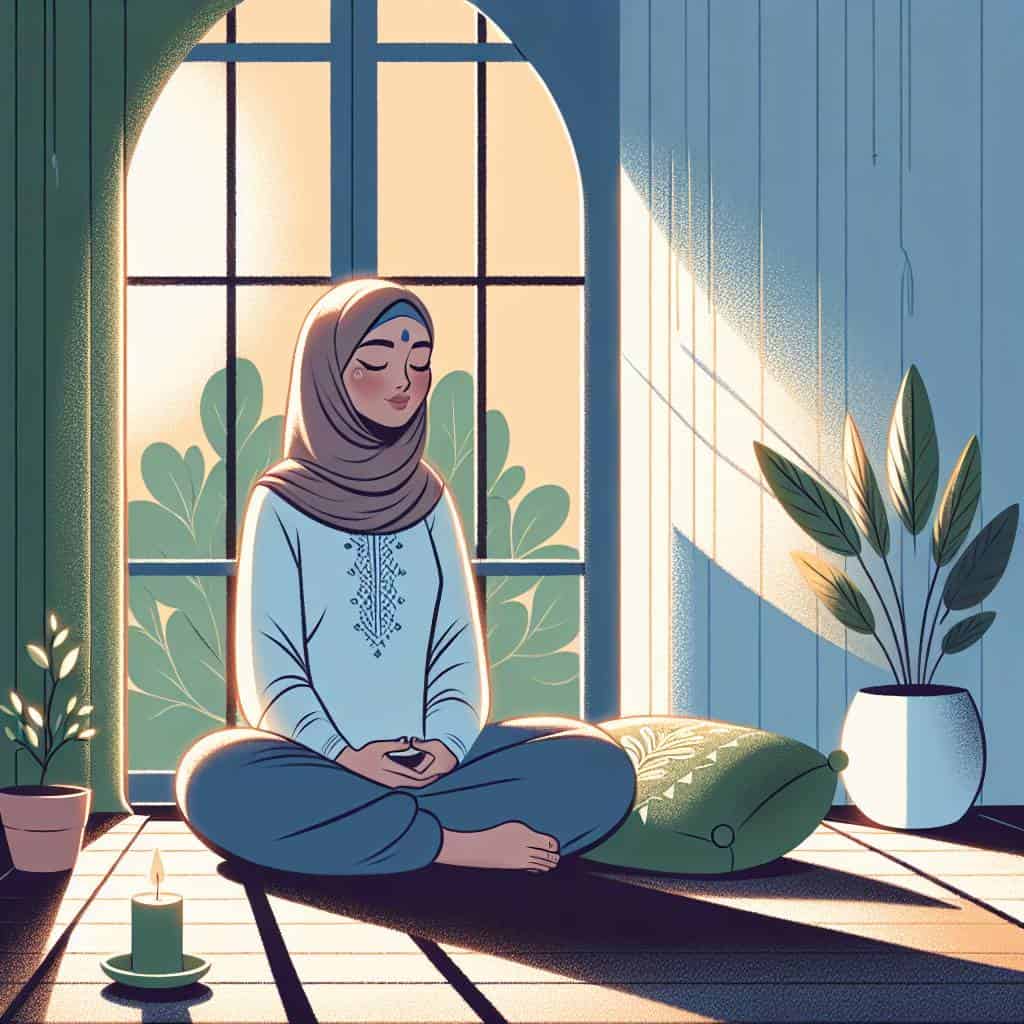 Self compassion exercises in serene room.