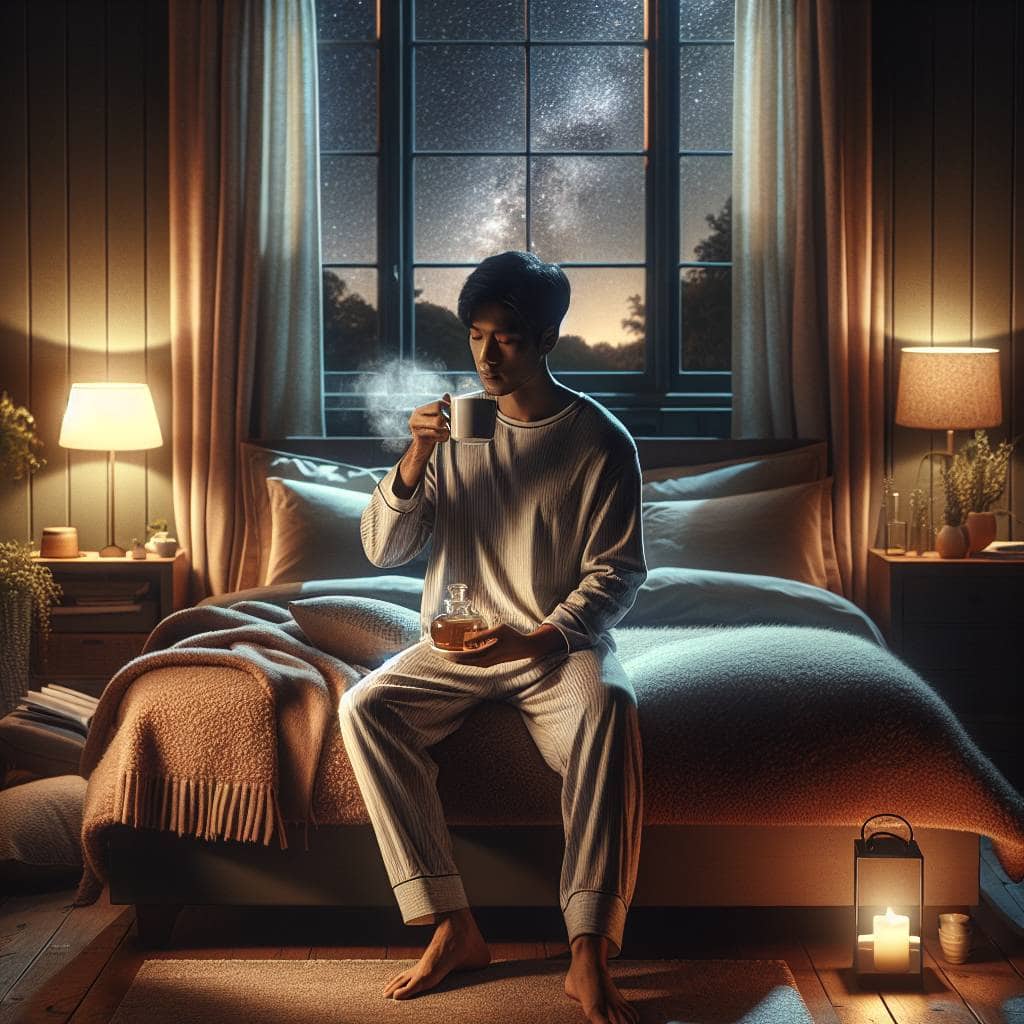 Sleep hygiene practices in cozy bedroom scene.