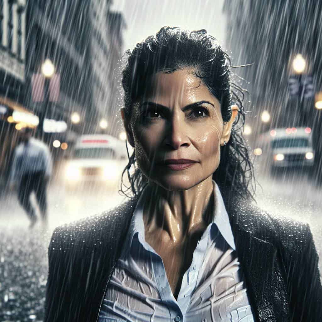 Stories of resilience in rainstorm cityscape.