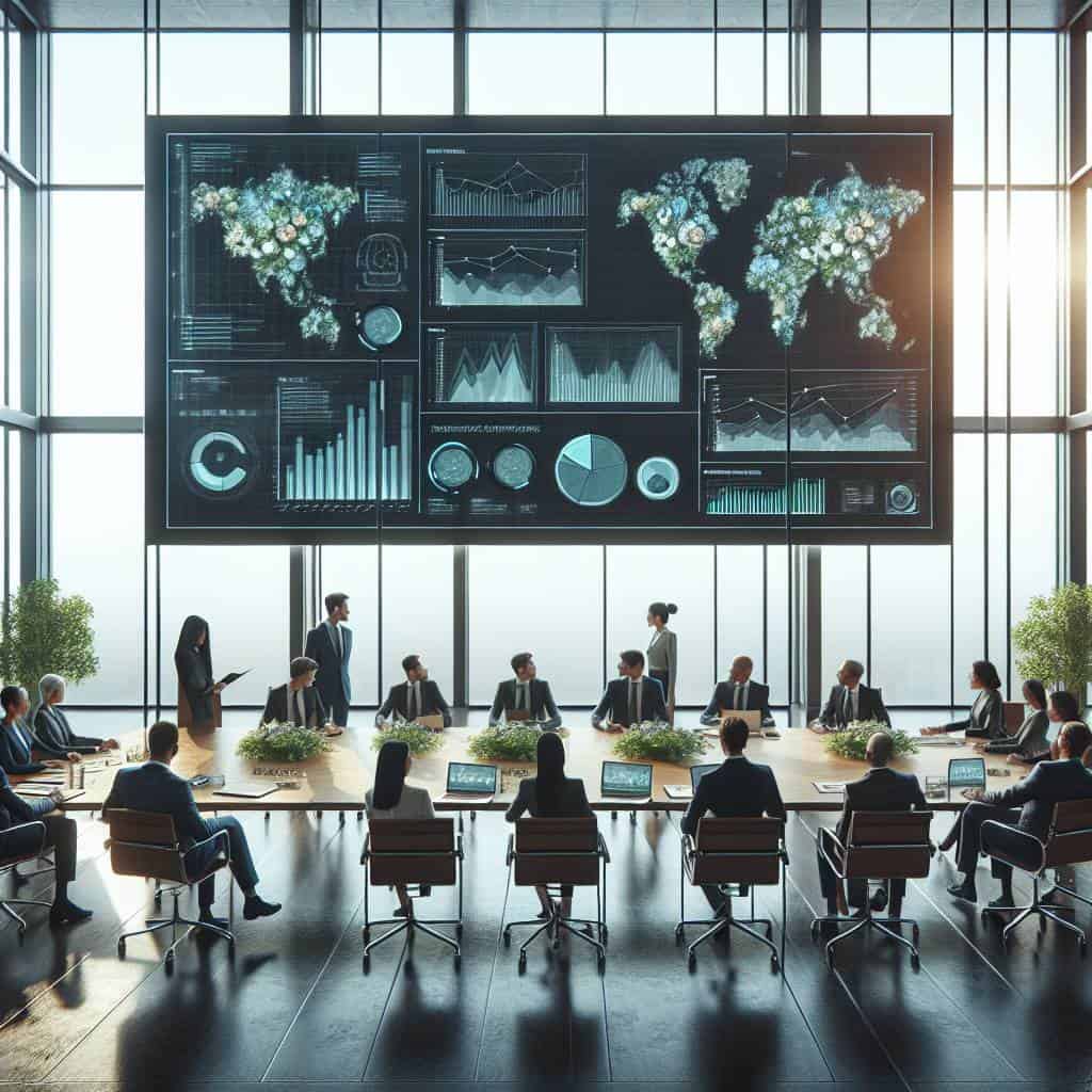 Diverse executives discussing sustainable leadership strategies.