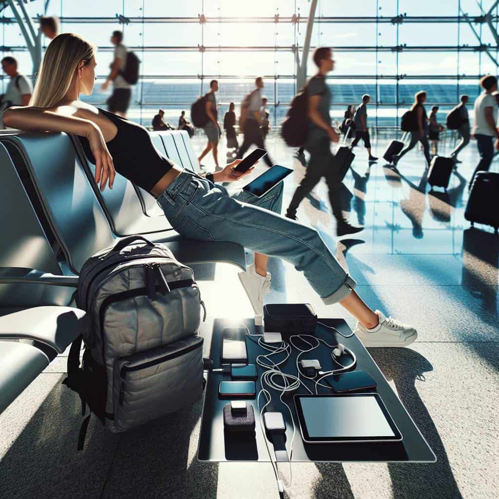 Travel tech essentials in airport terminal.