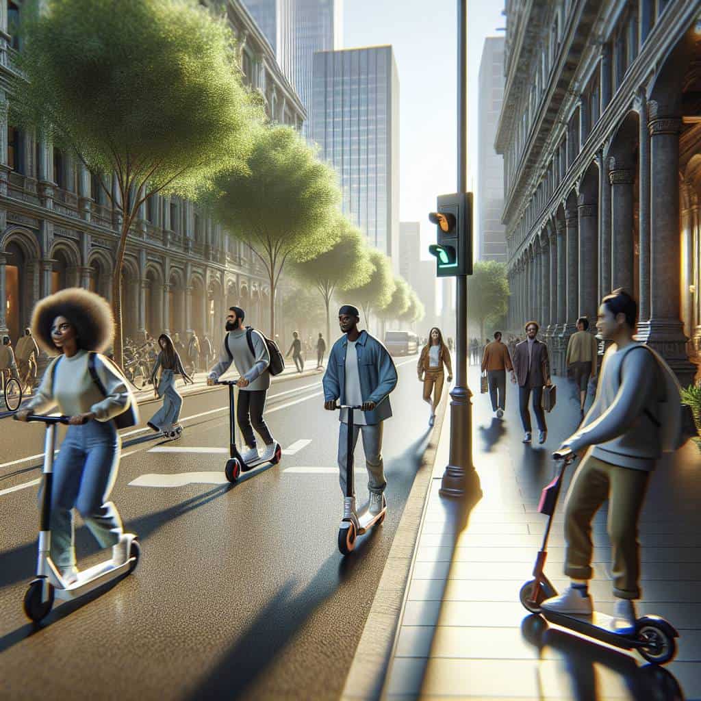 Urban mobility technologies on busy city street.