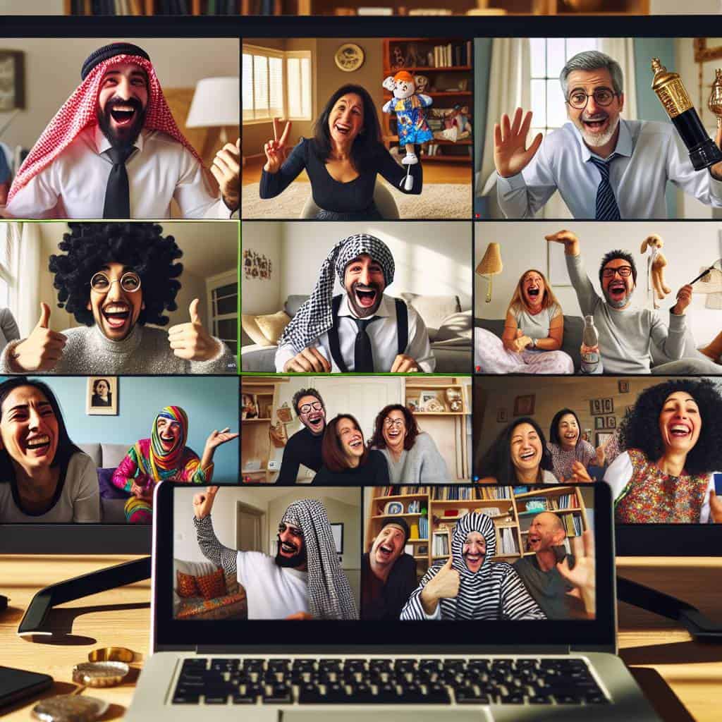 Virtual team building activities via video call.
