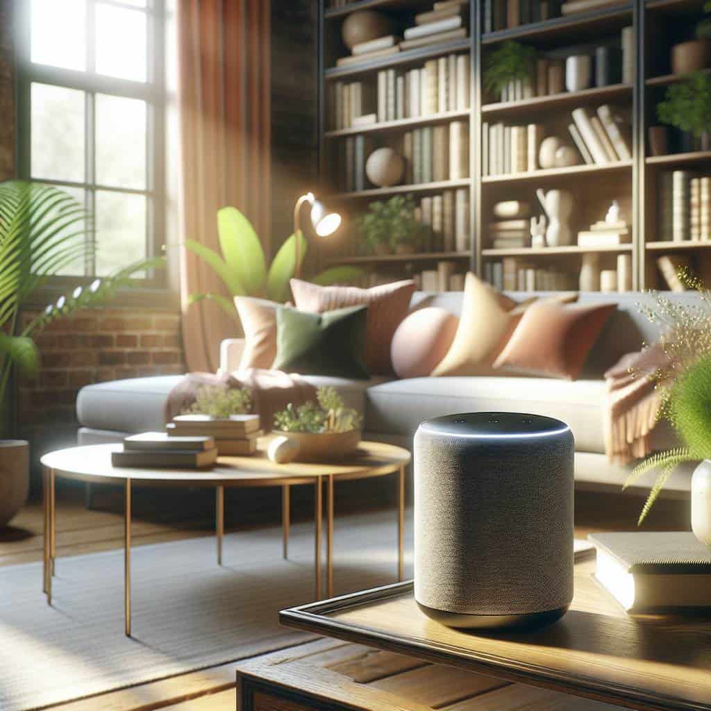 Voice assistant technology smart speaker in living room.