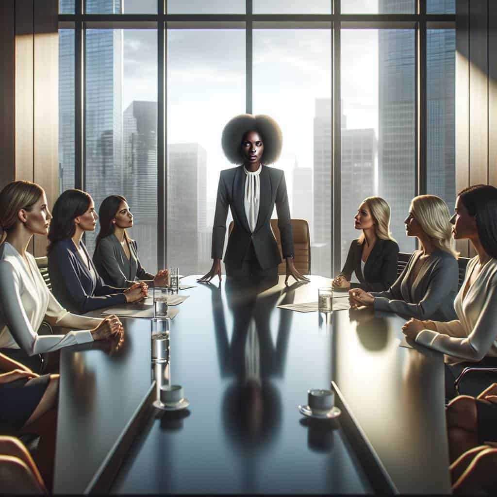 Diverse women in business meeting.
