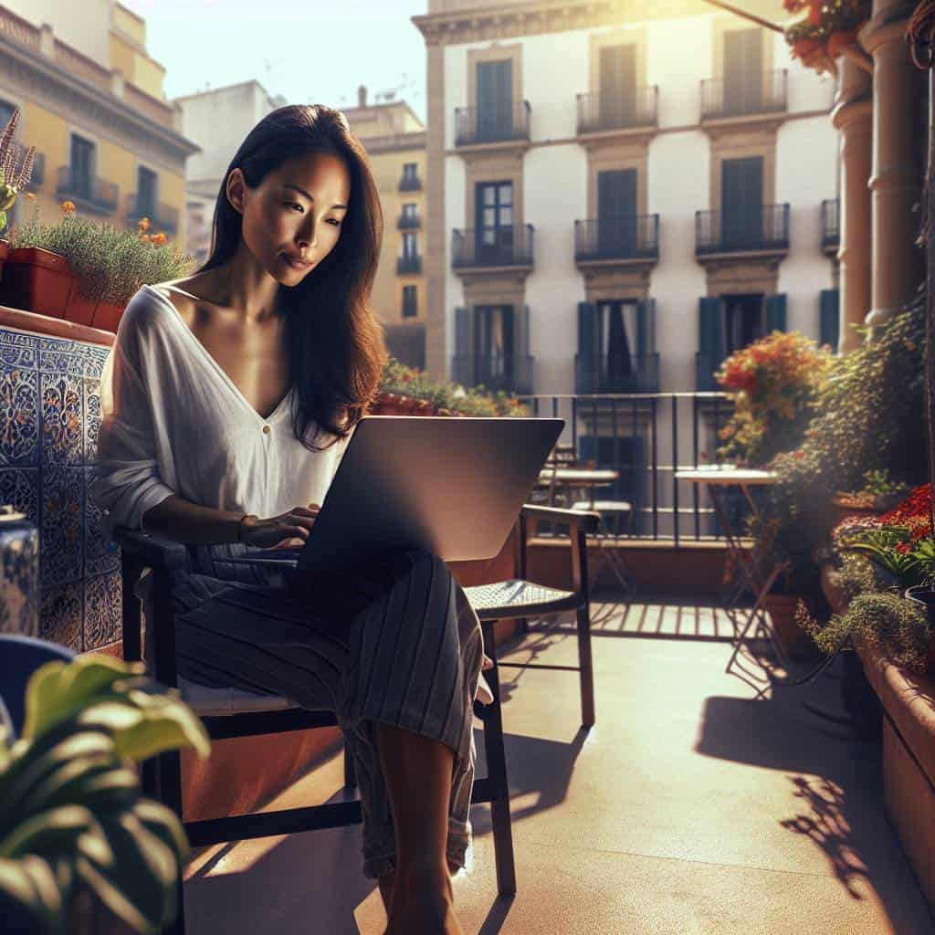 Working while traveling on sunny terrace.