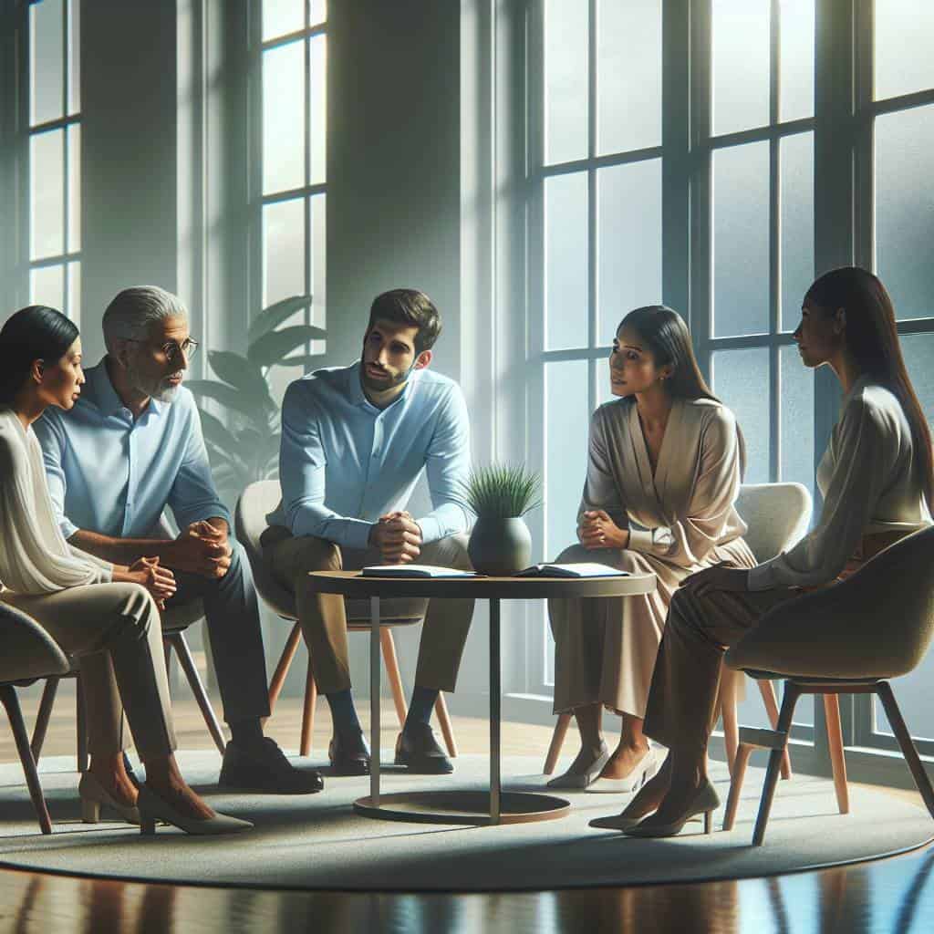 Workplace mental health discussion, diverse employees.