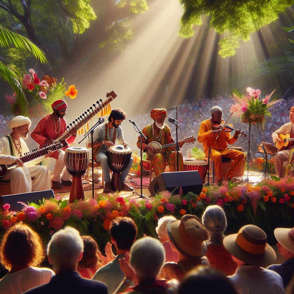 Musicians showcasing world music influences live.