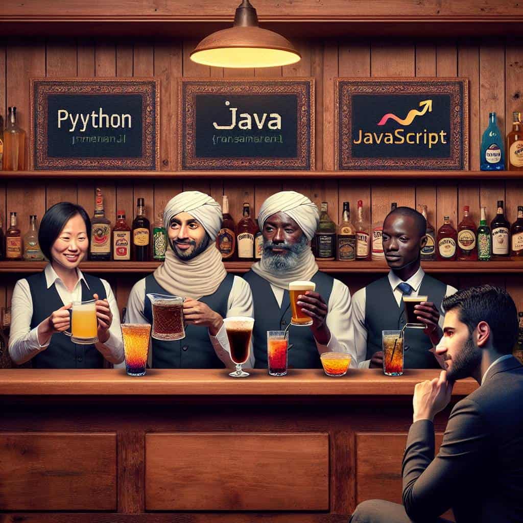 Python, Java, JavaScript in a bar.